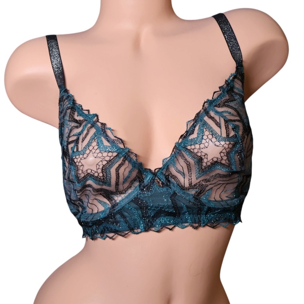 Savage X Fenty Real Black Green Stars Metallic Lace Underwire Bra 34DDD  NWT